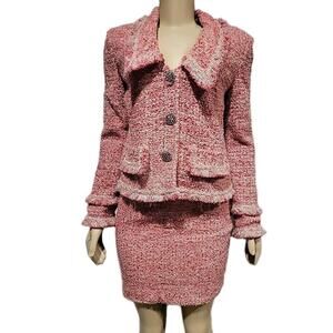 ST. JOHN COUTURE Black Label PINK Gray Eyelash Tweed Sz 4 Jacket  & Skirt #C7